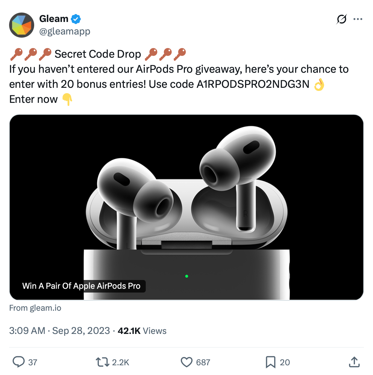 Gleam Twitter post highlighting a successful campaign milestone with giveaway stats and branded UI