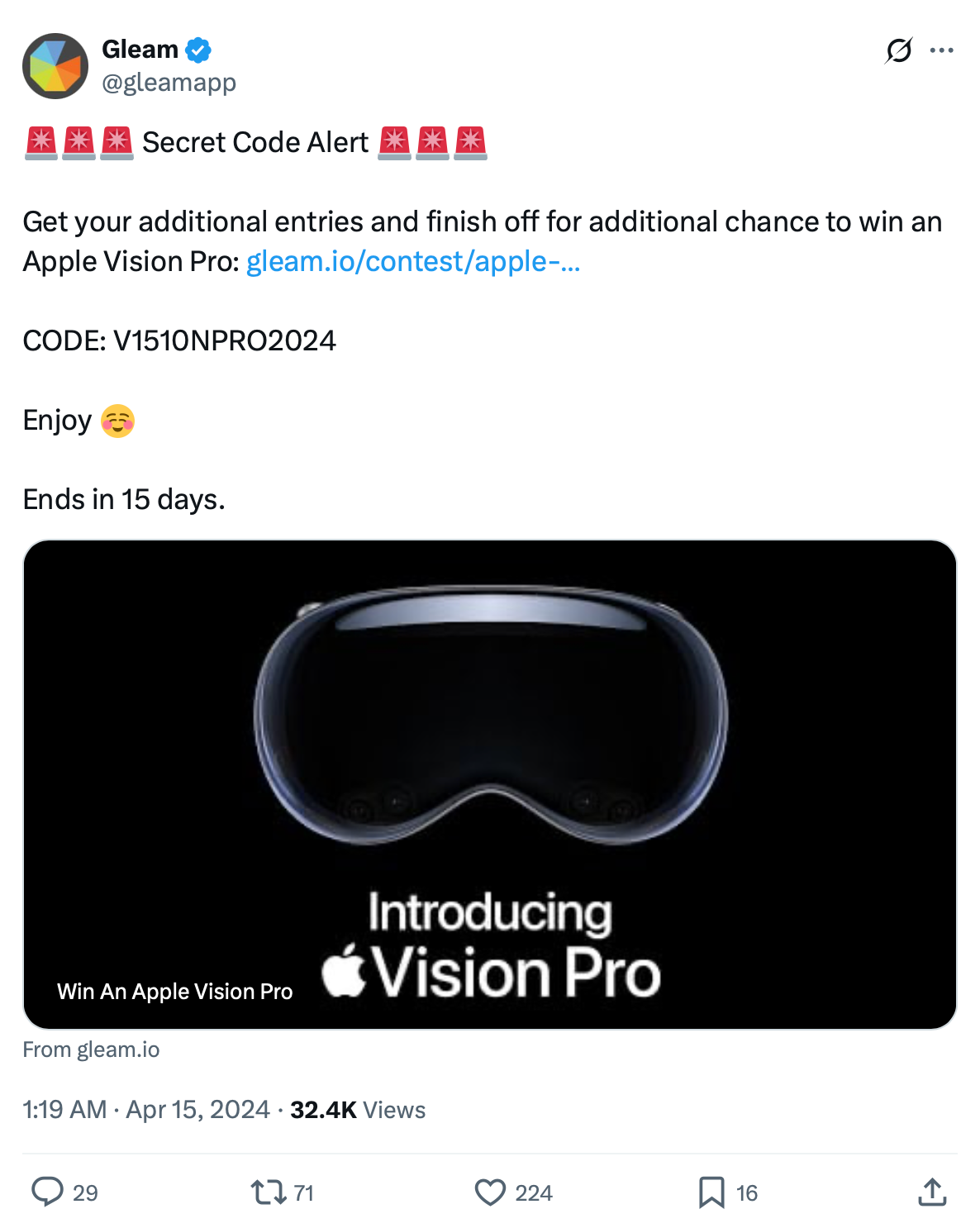 Screenshot showcasing Gleam's secret code competition feature