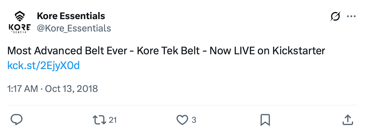 Tweet from Kore Essentials announcing Kore Tek Belt Kickstarter launch