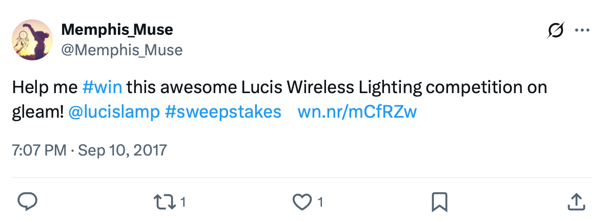 Tweet promoting Lucis Wireless Lighting competition on Gleam