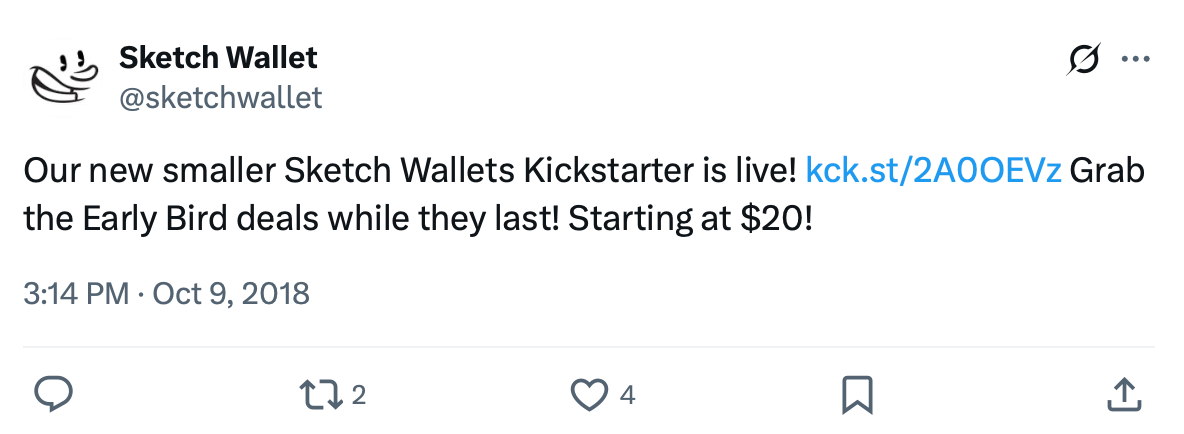 Tweet announcing Sketch Wallet Kickstarter launch and early bird deals