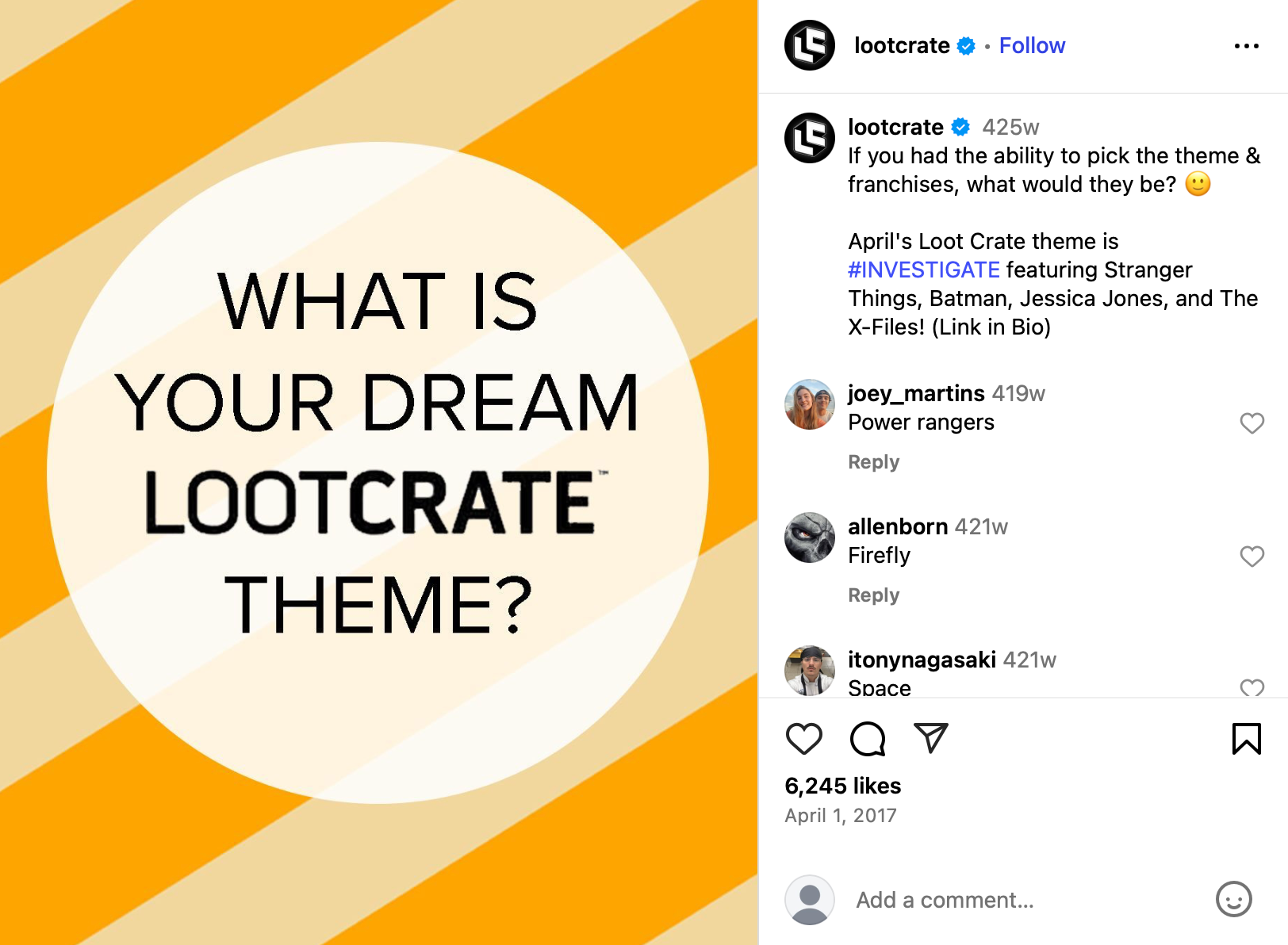 Graphic asking 'What is your dream Loot Crate theme?' on yellow diagonal background