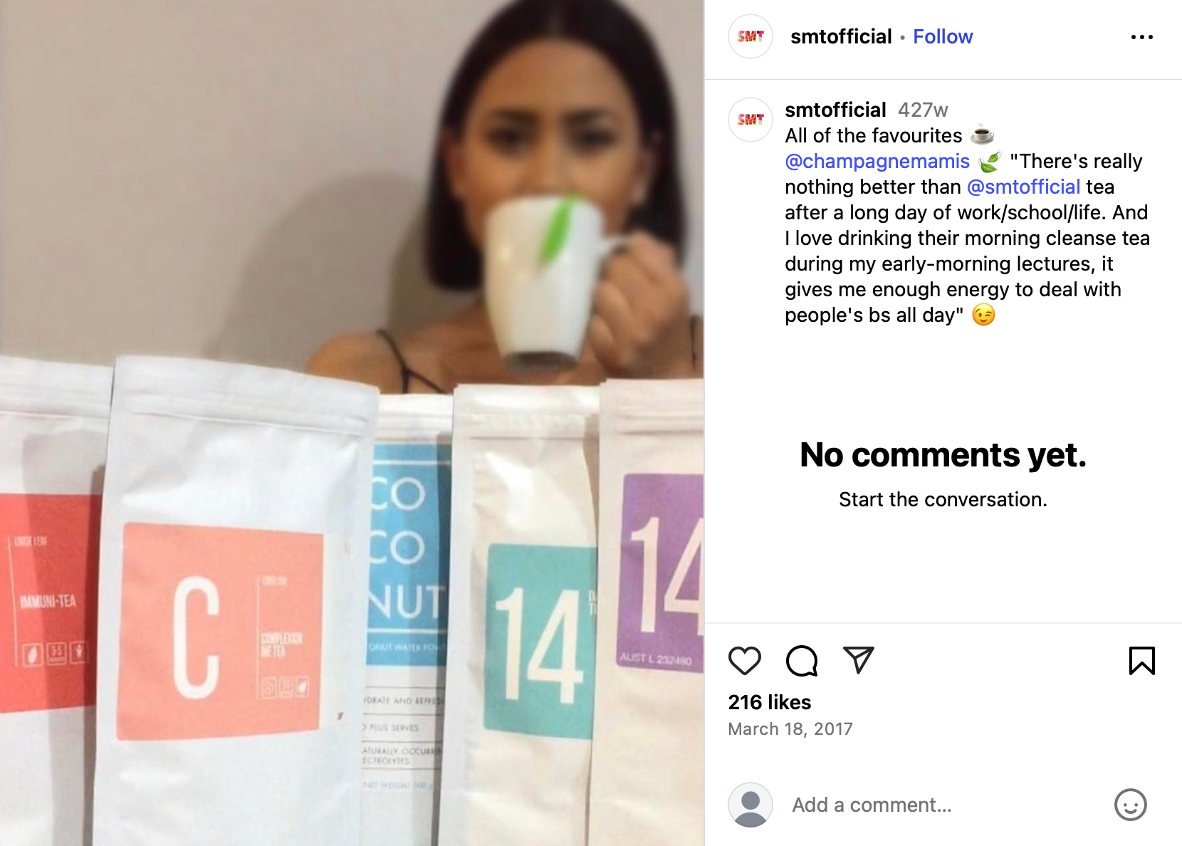 Woman sipping from a mug with SkinnyMe Tea product packs in focus, including Immuni-Tea, Complexion Me Tea, and Coconut Water