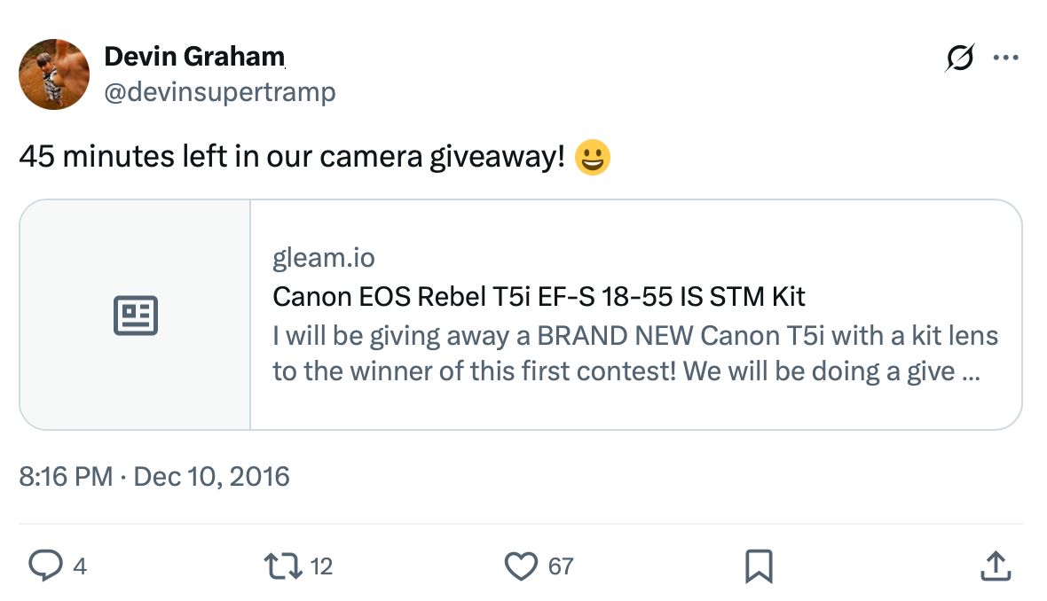 Tweet from Devin Graham promoting Canon T5i camera giveaway on Gleam