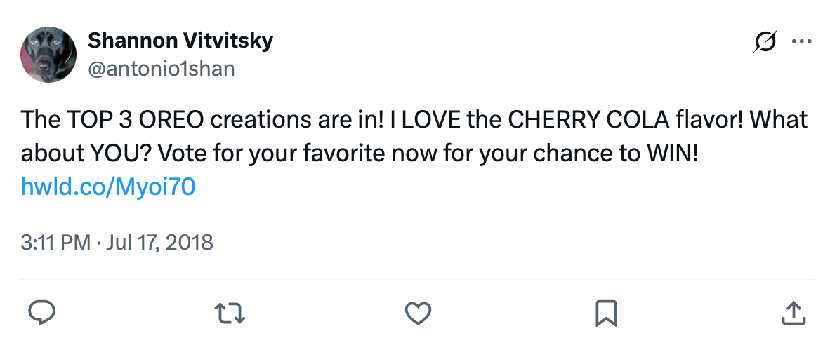 Tweet saying 'The TOP 3 OREO creations are in! I LOVE the CHERRY COLA flavor! Vote for your favorite now for your chance to WIN!'