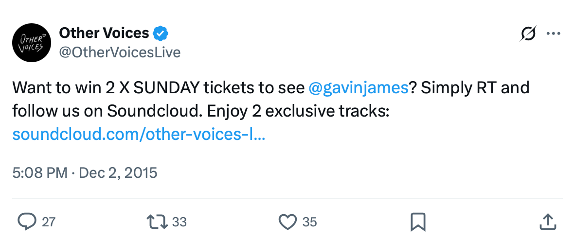 Twitter post from Other Voices promoting a giveaway for two Sunday tickets to see Gavin James