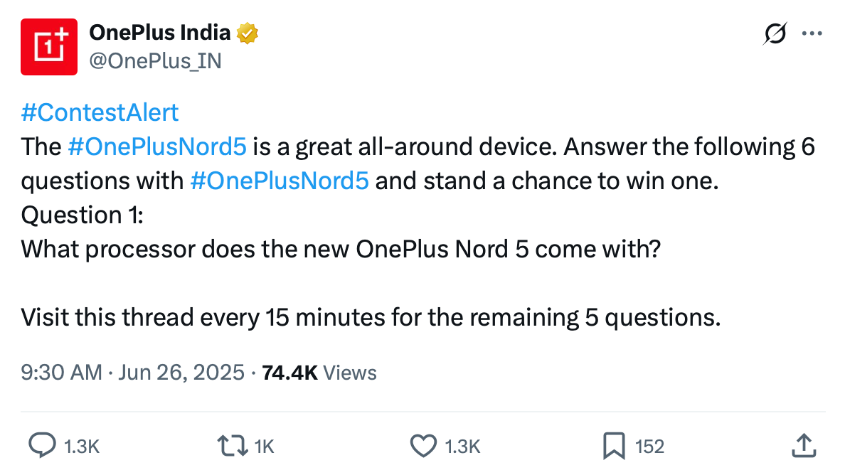 OnePlus India tweet running a trivia contest with 6 questions, posted every 15 minutes