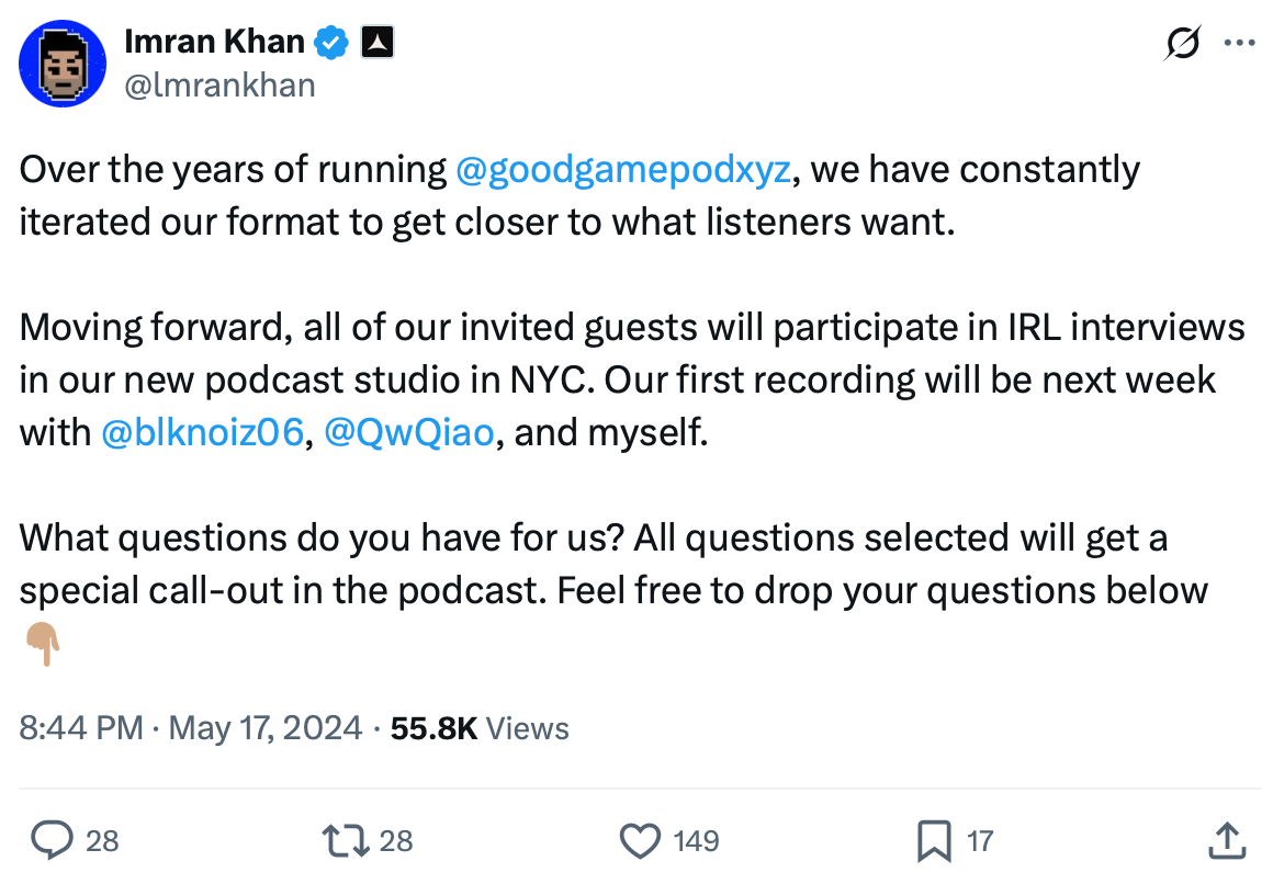 Tweet by Imran Khan announcing a new podcast studio format with IRL interviews and listener Q&A