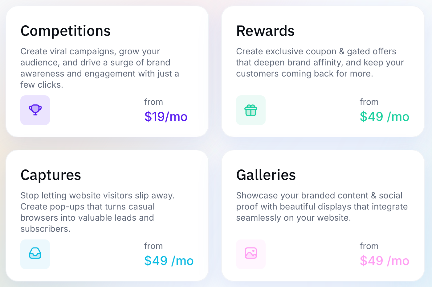Pricing overview of Gleam's four core apps: Competitions, Rewards, Captures, and Galleries