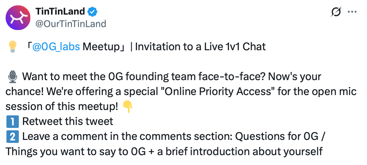 Tweet offering a giveaway for online priority access to meet the founding team via a live 1v1 chat