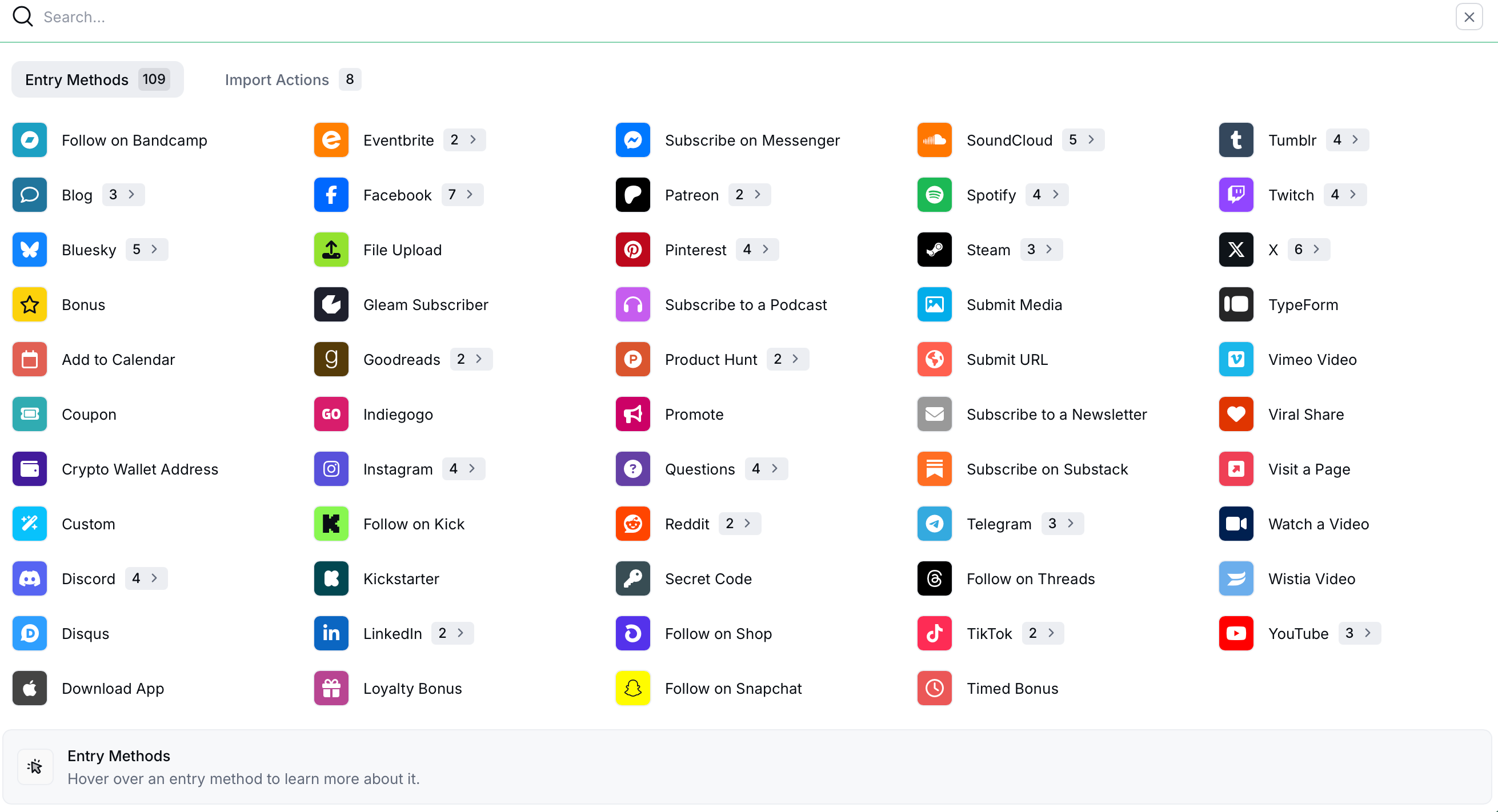 List of available Gleam contest entry methods including social follows, app installs, and custom actions
