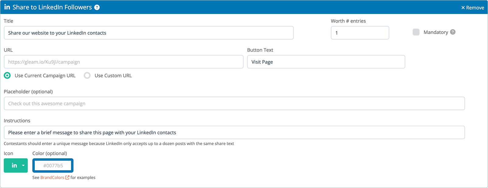 Admin view for Share on LinkedIn Action for Gleam