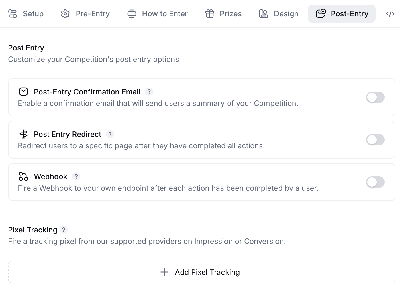 Gleam post entry settings showing options to enable confirmation emails, redirects, webhooks, and pixel tracking