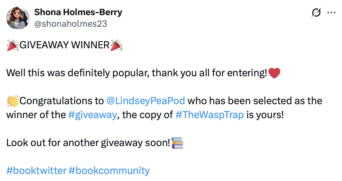 Twitter post announcing a giveaway winner with a thank you message and book prize details