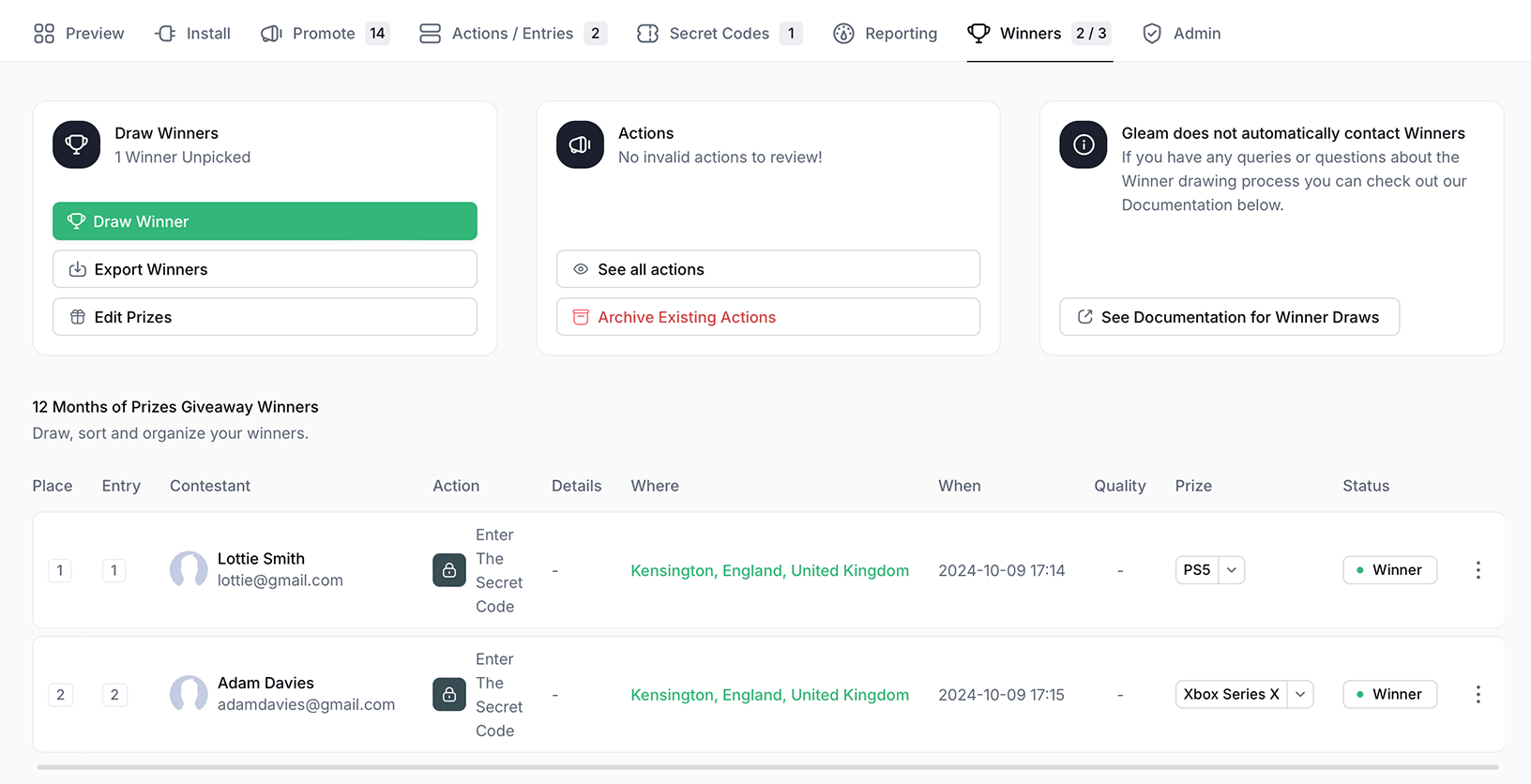 Winners tab with remaining winners to be drawn in Gleam Competitions