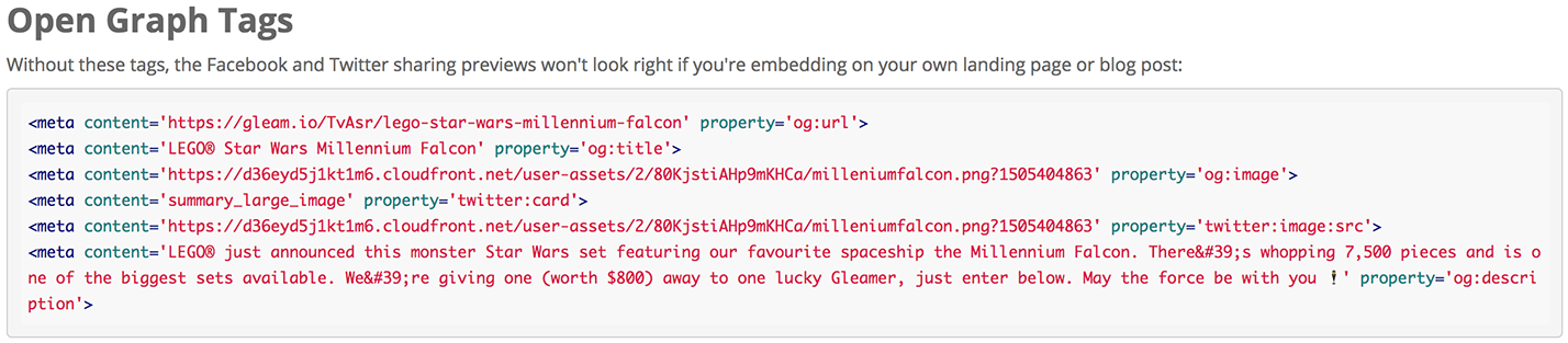Open Graph tags are now automatically generated for Gleam campaigns